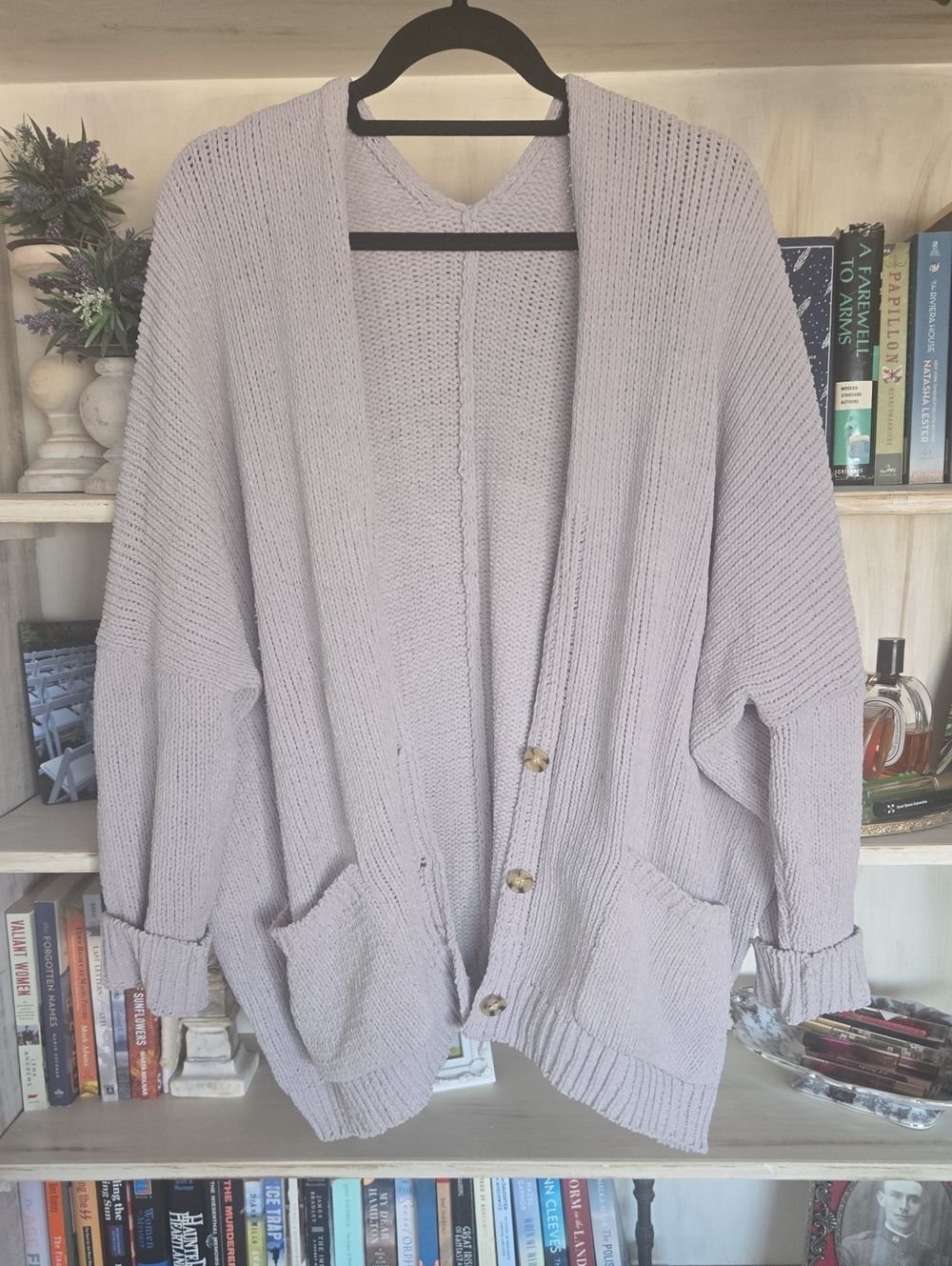 Relaxed Lavender Open-Front Knit Cardigan